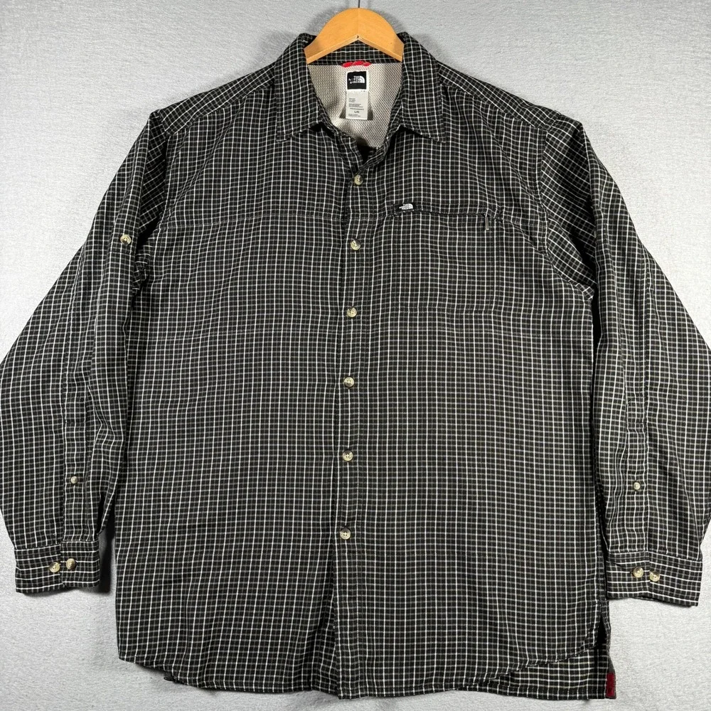 The North Face Mens Large Black White Grid Check Long Sleeve Button Down Shirt